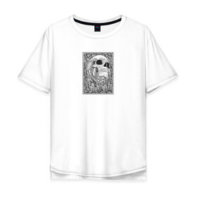 Мужская футболка хлопок Oversize с принтом IN THE FIELD OF FLOWERS в Екатеринбурге, 100% хлопок | свободный крой, круглый ворот, “спинка” длиннее передней части | кости | минимализм | цветы | цвиты | чб | череп | череп человека | черип | черно   белое