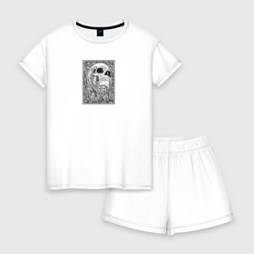 Женская пижама с шортиками хлопок с принтом IN THE FIELD OF FLOWERS в Екатеринбурге, 100% хлопок | футболка прямого кроя, шорты свободные с широкой мягкой резинкой | кости | минимализм | цветы | цвиты | чб | череп | череп человека | черип | черно   белое