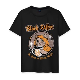 Мужская футболка хлопок с принтом Black Coffee Cat в Екатеринбурге, 100% хлопок | прямой крой, круглый вырез горловины, длина до линии бедер, слегка спущенное плечо. | cat | cats | coffee | kitty | magic | prints | картинки | кот | котики | коты | котэ | котята | кофе | кошки | магия | майки | мем | мода | прикол | принты | стиль | тренд | футболки | яркие | яркость