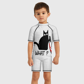 Детский купальный костюм 3D с принтом What cat в Екатеринбурге, Полиэстер 85%, Спандекс 15% | застежка на молнии на спине | cat | kitten | knife | what | вопрос | киса | кот | котёнок | кошак | кошка | кровь | нож | удивление | что
