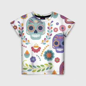 Детская футболка 3D с принтом Мексиканские мотивы в Екатеринбурге, 100% гипоаллергенный полиэфир | прямой крой, круглый вырез горловины, длина до линии бедер, чуть спущенное плечо, ткань немного тянется | Тематика изображения на принте: день мёртвых. череп | мексика | мексиканский | мексиканское | цветок | цветы | черепа