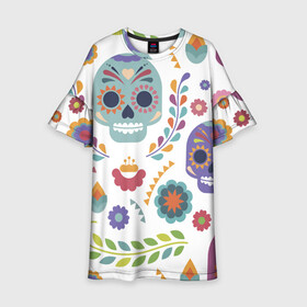 Детское платье 3D с принтом Мексиканские мотивы в Екатеринбурге, 100% полиэстер | прямой силуэт, чуть расширенный к низу. Круглая горловина, на рукавах — воланы | день мёртвых. череп | мексика | мексиканский | мексиканское | цветок | цветы | черепа