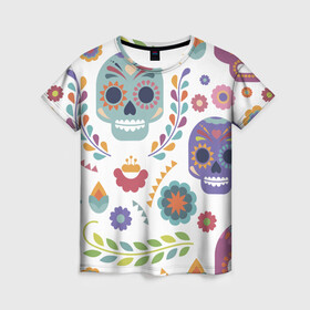 Женская футболка 3D с принтом Мексиканские мотивы в Екатеринбурге, 100% полиэфир ( синтетическое хлопкоподобное полотно) | прямой крой, круглый вырез горловины, длина до линии бедер | день мёртвых. череп | мексика | мексиканский | мексиканское | цветок | цветы | черепа