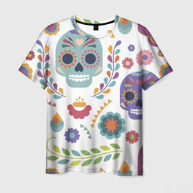 Мужская футболка 3D с принтом Мексиканские мотивы в Екатеринбурге, 100% полиэфир | прямой крой, круглый вырез горловины, длина до линии бедер | день мёртвых. череп | мексика | мексиканский | мексиканское | цветок | цветы | черепа