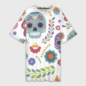 Платье-футболка 3D с принтом Мексиканские мотивы в Екатеринбурге,  |  | день мёртвых. череп | мексика | мексиканский | мексиканское | цветок | цветы | черепа