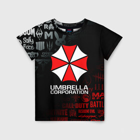 Детская футболка 3D с принтом RESIDENT EVIL (UMBRELLA CORP) в Екатеринбурге, 100% гипоаллергенный полиэфир | прямой крой, круглый вырез горловины, длина до линии бедер, чуть спущенное плечо, ткань немного тянется | ada wong | biohazard | leon | nemesis | project resistance | raccoon city | re | re3 | resident evil | resident evil 3 | rpd | stars | umbrella | ада вонг | амбрелла | немезис | ужасы