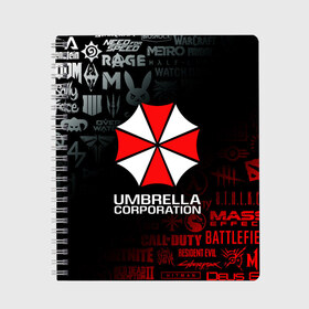 Тетрадь с принтом RESIDENT EVIL (UMBRELLA CORP) в Екатеринбурге, 100% бумага | 48 листов, плотность листов — 60 г/м2, плотность картонной обложки — 250 г/м2. Листы скреплены сбоку удобной пружинной спиралью. Уголки страниц и обложки скругленные. Цвет линий — светло-серый
 | ada wong | biohazard | leon | nemesis | project resistance | raccoon city | re | re3 | resident evil | resident evil 3 | rpd | stars | umbrella | ада вонг | амбрелла | немезис | ужасы