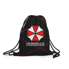 Рюкзак-мешок 3D с принтом UMBRELLA CORP в Екатеринбурге, 100% полиэстер | плотность ткани — 200 г/м2, размер — 35 х 45 см; лямки — толстые шнурки, застежка на шнуровке, без карманов и подкладки | Тематика изображения на принте: ada wong | biohazard | leon | nemesis | project resistance | raccoon city | re2 | resident evil 2 | rpd | stars | umbrella | ада вонг | амбрелла | немесис | ужасы