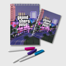 Блокнот с принтом Grand Theft Auto Vice City в Екатеринбурге, 100% бумага | 48 листов, плотность листов — 60 г/м2, плотность картонной обложки — 250 г/м2. Листы скреплены удобной пружинной спиралью. Цвет линий — светло-серый
 | grand theft auto 2 | grand theft auto 3 | grand theft auto v | grand theft auto: san andreas | grand theft auto: vice city | gta 1 | gta 2 | gta 3 | gta 4 | gta 5 | gta online | gta v | город | игры