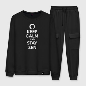 Мужской костюм хлопок с принтом Keep calm & stay Zen в Екатеринбурге, 100% хлопок | на свитшоте круглая горловина, мягкая резинка по низу. Брюки заужены к низу, на них два вида карманов: два “обычных” по бокам и два объемных, с клапанами, расположенные ниже линии бедра. Брюки с мягкой трикотажной резинкой на поясе и по низу штанин. В поясе для дополнительного комфорта — широкие завязки | Тематика изображения на принте: aum | zen | будда | буддизм | дзен | мантра | ом | религия