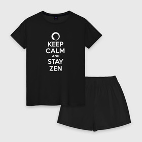 Женская пижама с шортиками хлопок с принтом Keep calm & stay Zen в Екатеринбурге, 100% хлопок | футболка прямого кроя, шорты свободные с широкой мягкой резинкой | aum | zen | будда | буддизм | дзен | мантра | ом | религия