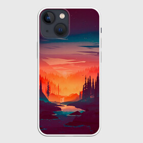 Чехол для iPhone 13 mini с принтом Minimal forest sunset в Екатеринбурге,  |  | forest | light | minimal | mountain | orange | purple | stone | sunset | water | вода | горы | закат | минимализм | оранжевый | фиолетовый