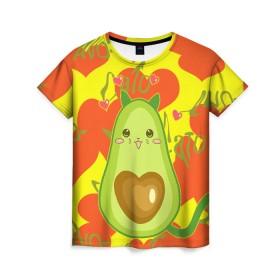 Женская футболка 3D с принтом авокадо в Екатеринбурге, 100% полиэфир ( синтетическое хлопкоподобное полотно) | прямой крой, круглый вырез горловины, длина до линии бедер | avocado | cat | cats | funny | авокадо | зеленый авокадо | кот