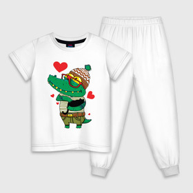 Детская пижама хлопок с принтом Модный крокодил в Екатеринбурге, 100% хлопок |  брюки и футболка прямого кроя, без карманов, на брюках мягкая резинка на поясе и по низу штанин
 | крокодил | мода | стиль | хипстер | юмор
