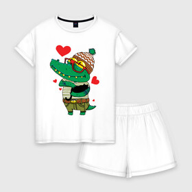 Женская пижама с шортиками хлопок с принтом Модный крокодил в Екатеринбурге, 100% хлопок | футболка прямого кроя, шорты свободные с широкой мягкой резинкой | Тематика изображения на принте: крокодил | мода | стиль | хипстер | юмор