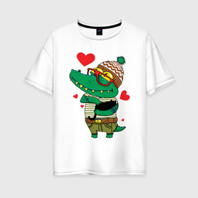 Женская футболка хлопок Oversize с принтом Модный крокодил в Екатеринбурге, 100% хлопок | свободный крой, круглый ворот, спущенный рукав, длина до линии бедер
 | крокодил | мода | стиль | хипстер | юмор