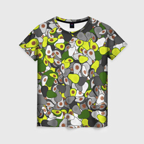 Женская футболка 3D с принтом Камуфляж с авокадо в Екатеринбурге, 100% полиэфир ( синтетическое хлопкоподобное полотно) | прямой крой, круглый вырез горловины, длина до линии бедер | avocado | адвокадо | веган | еда | камо | милитари | оовощь | паттерн | фрукт | хаки