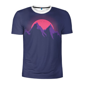 Мужская футболка 3D спортивная с принтом Mountain sunset в Екатеринбурге, 100% полиэстер с улучшенными характеристиками | приталенный силуэт, круглая горловина, широкие плечи, сужается к линии бедра | mountain | sunset. purple. фиолетовый | vector | арт | вектор | горы | закат | принт | природа