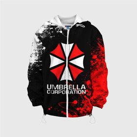 Детская куртка 3D с принтом UMBRELLA CORPORATION в Екатеринбурге, 100% полиэстер | застежка — молния, подол и капюшон оформлены резинкой с фиксаторами, по бокам — два кармана без застежек, один потайной карман на груди, плотность верхнего слоя — 90 г/м2; плотность флисового подклада — 260 г/м2 | Тематика изображения на принте: corp | corporation | resident evil | umbrella | umbrella corporation | зомби апокалипсис | зонт | игра