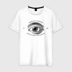 Мужская футболка хлопок с принтом Novus Ordo Seclorum в Екатеринбурге, 100% хлопок | прямой крой, круглый вырез горловины, длина до линии бедер, слегка спущенное плечо. | america | dollar | eye | illuminati | mason | usa | америка | глаз | доллар | иллюминаты | масоны | сша