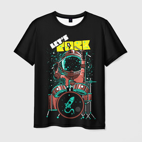 Мужская футболка 3D с принтом Lets Rock в Екатеринбурге, 100% полиэфир | прямой крой, круглый вырез горловины, длина до линии бедер | art | astronaut | drummer | drums | rock | rocket | space | арт | астронавт | барабанщик | барабаны | космонавт | космос | ракета | рок