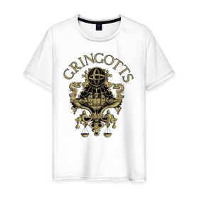 Мужская футболка хлопок с принтом Coat of Gringotts в Екатеринбурге, 100% хлопок | прямой крой, круглый вырез горловины, длина до линии бедер, слегка спущенное плечо. | vdgerir | гарри поттер | гринготс