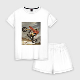 Женская пижама с шортиками хлопок с принтом Байкер Наполеон в Екатеринбурге, 100% хлопок | футболка прямого кроя, шорты свободные с широкой мягкой резинкой | война | картина | мотоцикл | наполеон | подарок | стиль | стильно | хайп | харлей