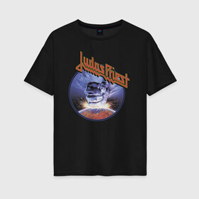 Женская футболка хлопок Oversize с принтом Juda Priest в Екатеринбурге, 100% хлопок | свободный крой, круглый ворот, спущенный рукав, длина до линии бедер
 | album | judas priest | metal | music | rock | джудас прист | метал | рок