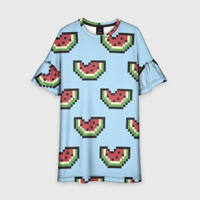 Детское платье 3D с принтом Пиксельный арбуз в Екатеринбурге, 100% полиэстер | прямой силуэт, чуть расширенный к низу. Круглая горловина, на рукавах — воланы | minecraft | арбуз | арбузы | майнкрафт | пиксели | пиксель | фрукт | фрукты | ягода | ягоды
