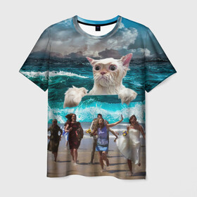 Мужская футболка 3D с принтом Морской Кошак в Екатеринбурге, 100% полиэфир | прямой крой, круглый вырез горловины, длина до линии бедер | cat | mem | mems | вода | волны | кот | котейка | котик | кошак | кошка | мем | мем с котом | мемы | мемы с котом | мокрый кот | море | морской кот | морской кошак | облака | океан | прикол | приколы | тучи | шторм