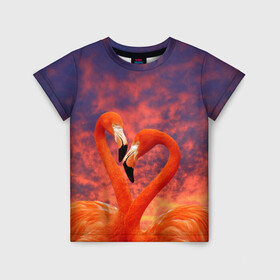 Детская футболка 3D с принтом Flamingo Love в Екатеринбурге, 100% гипоаллергенный полиэфир | прямой крой, круглый вырез горловины, длина до линии бедер, чуть спущенное плечо, ткань немного тянется | 14 февраля | 8 марта | валентинов день | верность | влюбленность | влюбленные | вместе | вместе навсегда | девушке | женат | женский день | женский праздник | закат | замужем | кружка | любимая