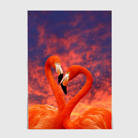 Постер с принтом Flamingo Love в Екатеринбурге, 100% бумага
 | бумага, плотность 150 мг. Матовая, но за счет высокого коэффициента гладкости имеет небольшой блеск и дает на свету блики, но в отличии от глянцевой бумаги не покрыта лаком | Тематика изображения на принте: 14 февраля | 8 марта | валентинов день | верность | влюбленность | влюбленные | вместе | вместе навсегда | девушке | женат | женский день | женский праздник | закат | замужем | кружка | любимая