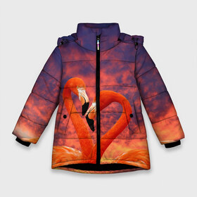 Зимняя куртка для девочек 3D с принтом Flamingo Love в Екатеринбурге, ткань верха — 100% полиэстер; подклад — 100% полиэстер, утеплитель — 100% полиэстер. | длина ниже бедра, удлиненная спинка, воротник стойка и отстегивающийся капюшон. Есть боковые карманы с листочкой на кнопках, утяжки по низу изделия и внутренний карман на молнии. 

Предусмотрены светоотражающий принт на спинке, радужный светоотражающий элемент на пуллере молнии и на резинке для утяжки. | 14 февраля | 8 марта | валентинов день | верность | влюбленность | влюбленные | вместе | вместе навсегда | девушке | женат | женский день | женский праздник | закат | замужем | кружка | любимая