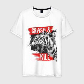 Мужская футболка хлопок с принтом Crash & Kill в Екатеринбурге, 100% хлопок | прямой крой, круглый вырез горловины, длина до линии бедер, слегка спущенное плечо. | Тематика изображения на принте: animal | art | beast | inscription | tiger | арт | животное | зверь | надпись | тигр
