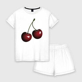 Женская пижама с шортиками хлопок с принтом Вишня в Екатеринбурге, 100% хлопок | футболка прямого кроя, шорты свободные с широкой мягкой резинкой | вишневая | вкусная | красная | лето | спелая | фрукты | ягода