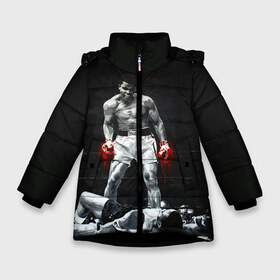 Зимняя куртка для девочек 3D с принтом Muhammad Ali в Екатеринбурге, ткань верха — 100% полиэстер; подклад — 100% полиэстер, утеплитель — 100% полиэстер. | длина ниже бедра, удлиненная спинка, воротник стойка и отстегивающийся капюшон. Есть боковые карманы с листочкой на кнопках, утяжки по низу изделия и внутренний карман на молнии. 

Предусмотрены светоотражающий принт на спинке, радужный светоотражающий элемент на пуллере молнии и на резинке для утяжки. | ali | muhammad ali | the greatest | али | бокс | мухамед али | мухаммед али