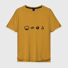 Мужская футболка хлопок Oversize с принтом LINUX в Екатеринбурге, 100% хлопок | свободный крой, круглый ворот, “спинка” длиннее передней части | код | пингвин | планета земля | программист | разработчик | эволюция