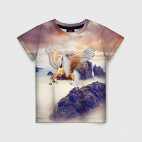 Детская футболка 3D с принтом Sea Sunset Horse в Екатеринбурге, 100% гипоаллергенный полиэфир | прямой крой, круглый вырез горловины, длина до линии бедер, чуть спущенное плечо, ткань немного тянется | вечернее небо | закат | конь | крылатый | крылья | легенды | летающий | лошадь | мистический | мифология | мифы | море | морской | облака | облачность | пегас | плед | погода | подушка | скалы | сумка