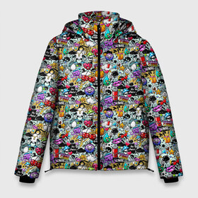 Мужская зимняя куртка 3D с принтом Stickerboom в Екатеринбурге, верх — 100% полиэстер; подкладка — 100% полиэстер; утеплитель — 100% полиэстер | длина ниже бедра, свободный силуэт Оверсайз. Есть воротник-стойка, отстегивающийся капюшон и ветрозащитная планка. 

Боковые карманы с листочкой на кнопках и внутренний карман на молнии. | Тематика изображения на принте: art | bomb | graffiti | hearts | monsters | stars | stickerboom | stickers | texture | арт | бомба | вишня | граффити | звезды | монстры | мороженое | сердечки | стикербум | стикеры | текстура