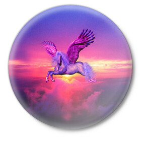 Значок с принтом Dusk Sky Horse в Екатеринбурге,  металл | круглая форма, металлическая застежка в виде булавки | высота | закат | конь | крылья | легенды | летать | летающий | лошадь | мистический | мифология | мифы | небесный | небо | облака | облач | пегас | плед | подушка | полет | пурпурный | сумерки | сумка