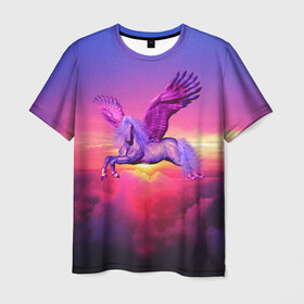 Мужская футболка 3D с принтом Dusk Sky Horse в Екатеринбурге, 100% полиэфир | прямой крой, круглый вырез горловины, длина до линии бедер | высота | закат | конь | крылья | легенды | летать | летающий | лошадь | мистический | мифология | мифы | небесный | небо | облака | облач | пегас | плед | подушка | полет | пурпурный | сумерки | сумка