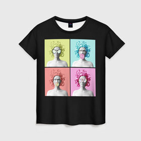 Женская футболка 3D с принтом Медуза Горгона Pop Art в Екатеринбурге, 100% полиэфир ( синтетическое хлопкоподобное полотно) | прямой крой, круглый вырез горловины, длина до линии бедер | 8 марта | бизнес леди | в очках | девушка в очках | девушке | жвачка | жене | женский день | женский праздник | женское лицо | кружка | легенда | лицо | любимой | медуза | мифология | монстр | опасная