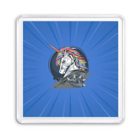 Магнит 55*55 с принтом Единорог Rock в Екатеринбурге, Пластик | Размер: 65*65 мм; Размер печати: 55*55 мм | rock | единорог | единорог рокер | кожанка | конь | лошадь | многоцветный | радуга | рог | рок | шипы