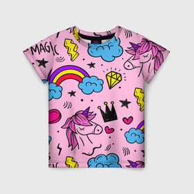 Детская футболка 3D с принтом Единороги в Екатеринбурге, 100% гипоаллергенный полиэфир | прямой крой, круглый вырез горловины, длина до линии бедер, чуть спущенное плечо, ткань немного тянется | Тематика изображения на принте: pink | единорог | единорожки | звезда | корона | лето | лошадка | лошадь | надпись | облака | радуга | радужный | сердечки | символы