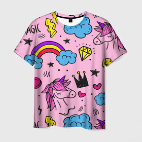 Мужская футболка 3D с принтом Единороги в Екатеринбурге, 100% полиэфир | прямой крой, круглый вырез горловины, длина до линии бедер | pink | единорог | единорожки | звезда | корона | лето | лошадка | лошадь | надпись | облака | радуга | радужный | сердечки | символы