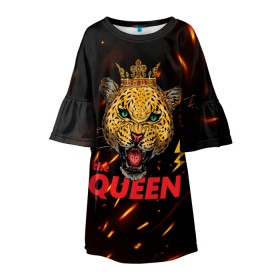 Детское платье 3D с принтом the Queen в Екатеринбурге, 100% полиэстер | прямой силуэт, чуть расширенный к низу. Круглая горловина, на рукавах — воланы | queen | большая кошка | королева | корона | кошка | леопард | львица | молния