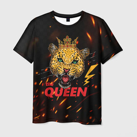 Мужская футболка 3D с принтом the Queen в Екатеринбурге, 100% полиэфир | прямой крой, круглый вырез горловины, длина до линии бедер | queen | большая кошка | королева | корона | кошка | леопард | львица | молния