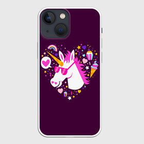 Чехол для iPhone 13 mini с принтом Единорог в Екатеринбурге,  |  | Тематика изображения на принте: animal | girl | stars | волшебство | голова | детская | детям | единорог | животное | животные | лошадка | лошадь | любовь | миф | очки | прикольная | радуга | ребенку | рога | сердечко | сердце | сказочный