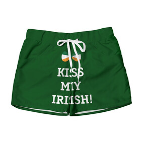 Женские шорты 3D с принтом Kiss my Irish в Екатеринбурге, 100% полиэстер | прямой крой, два кармана без застежек по бокам. Мягкая трикотажная резинка на поясе, внутри которой широкие завязки. Длина до середины бедра | британия | день святого патрика | золото | ирландия