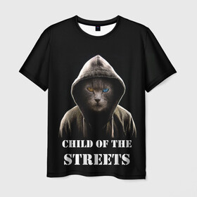 Мужская футболка 3D с принтом Дитя улиц в Екатеринбурге, 100% полиэфир | прямой крой, круглый вырез горловины, длина до линии бедер | cat | gangster | балахон | глаза | дитя улиц | кот | котик | крутой | крутой принт | принт | с надписью | топ | тренд